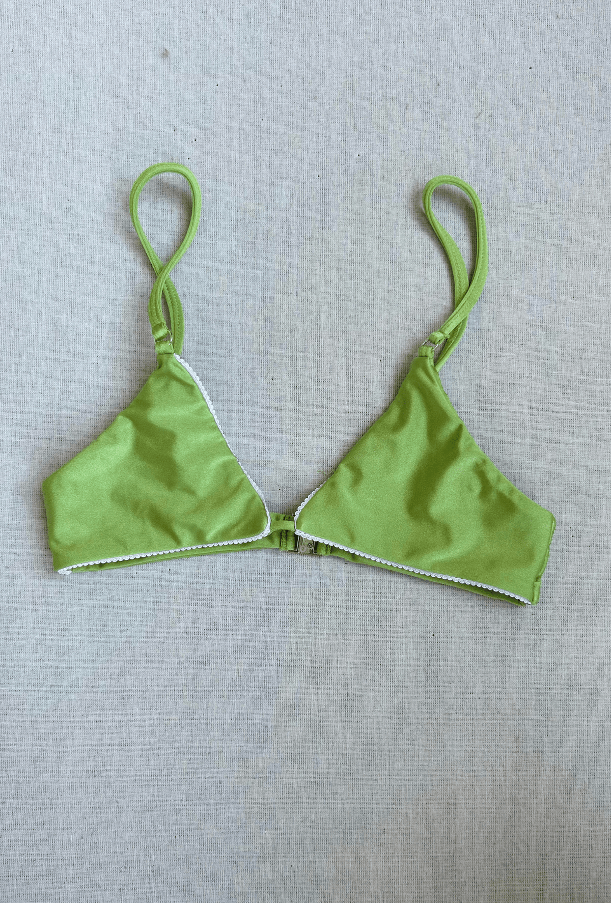 triangle top with lace trim in lime shimmer - size xs