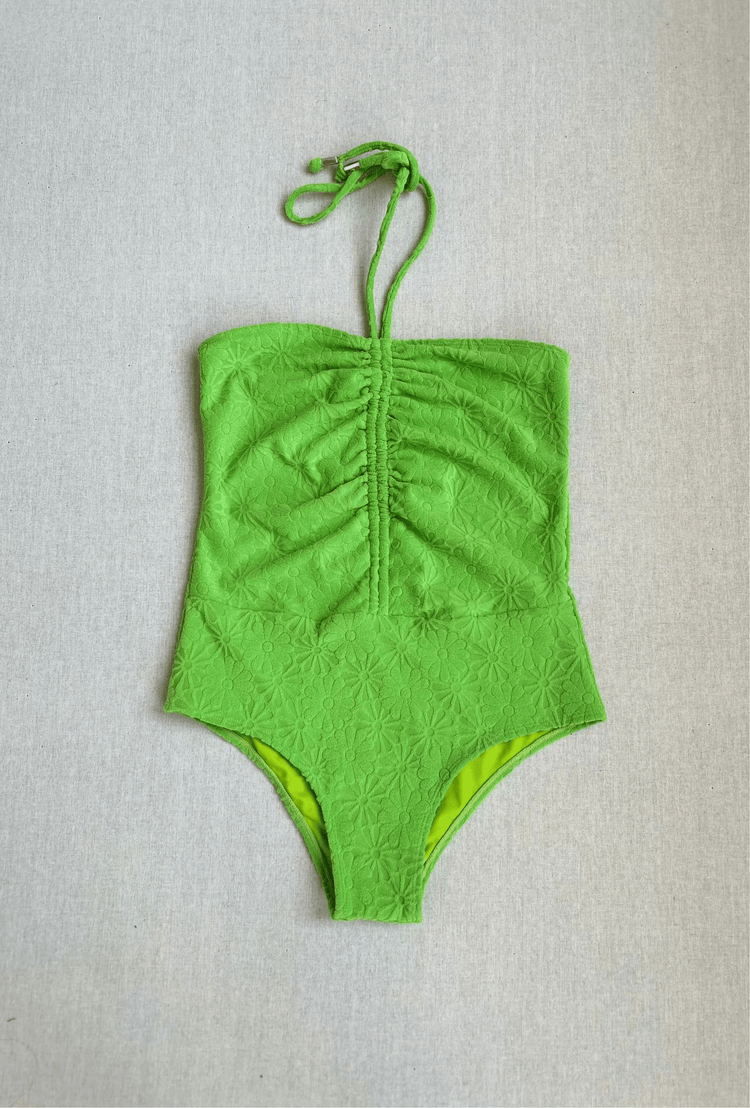 RUCHED HALTER ONE PIECE IN GREEN TERRY XS