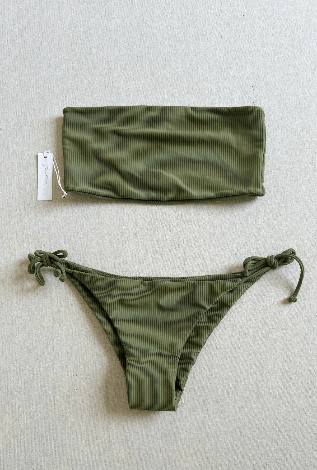 STRAPLESS TOP / TIE BOTTOM IN SAGE RIB - SIZE LARGE