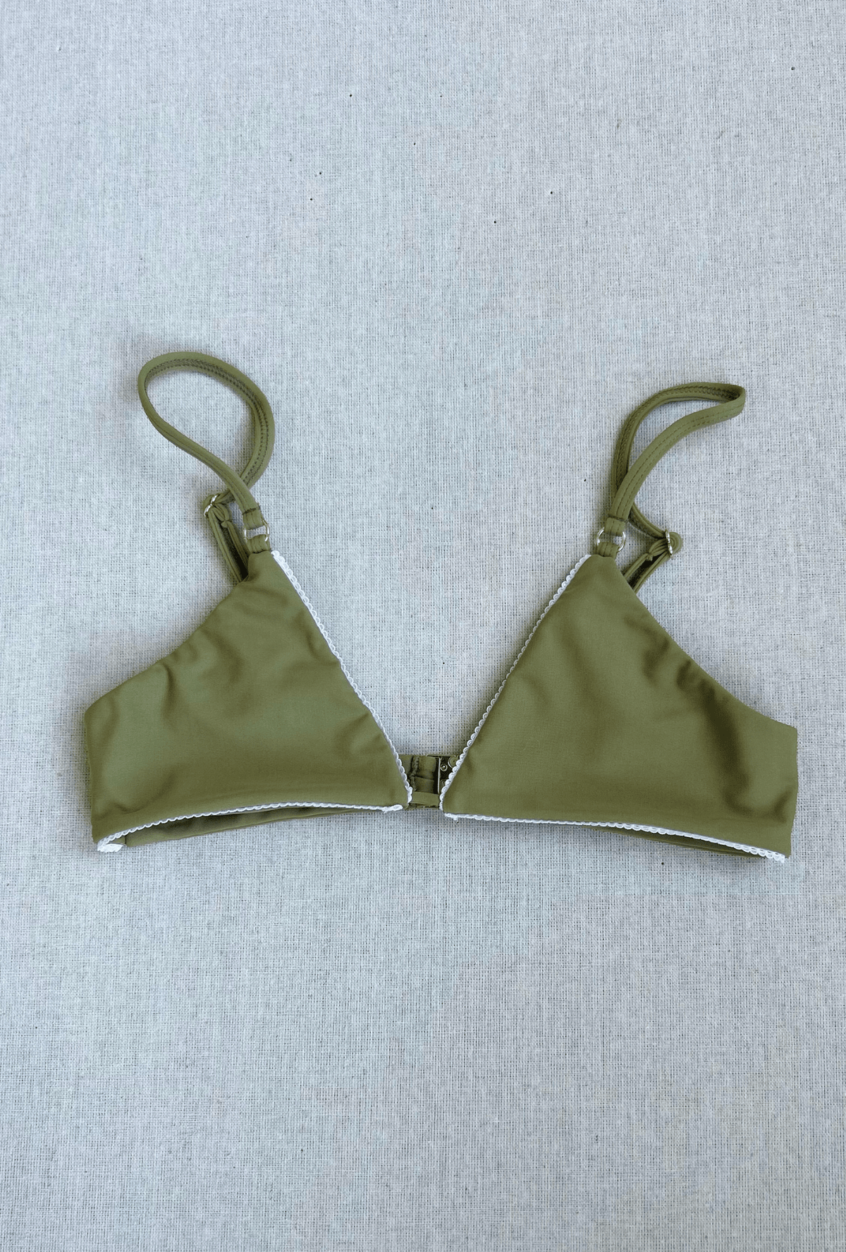 triangle top with lace trim in olive - size xs