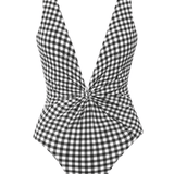 Black and white gingham one-piece swimsuit with deep plunge neckline and twist-front detail.