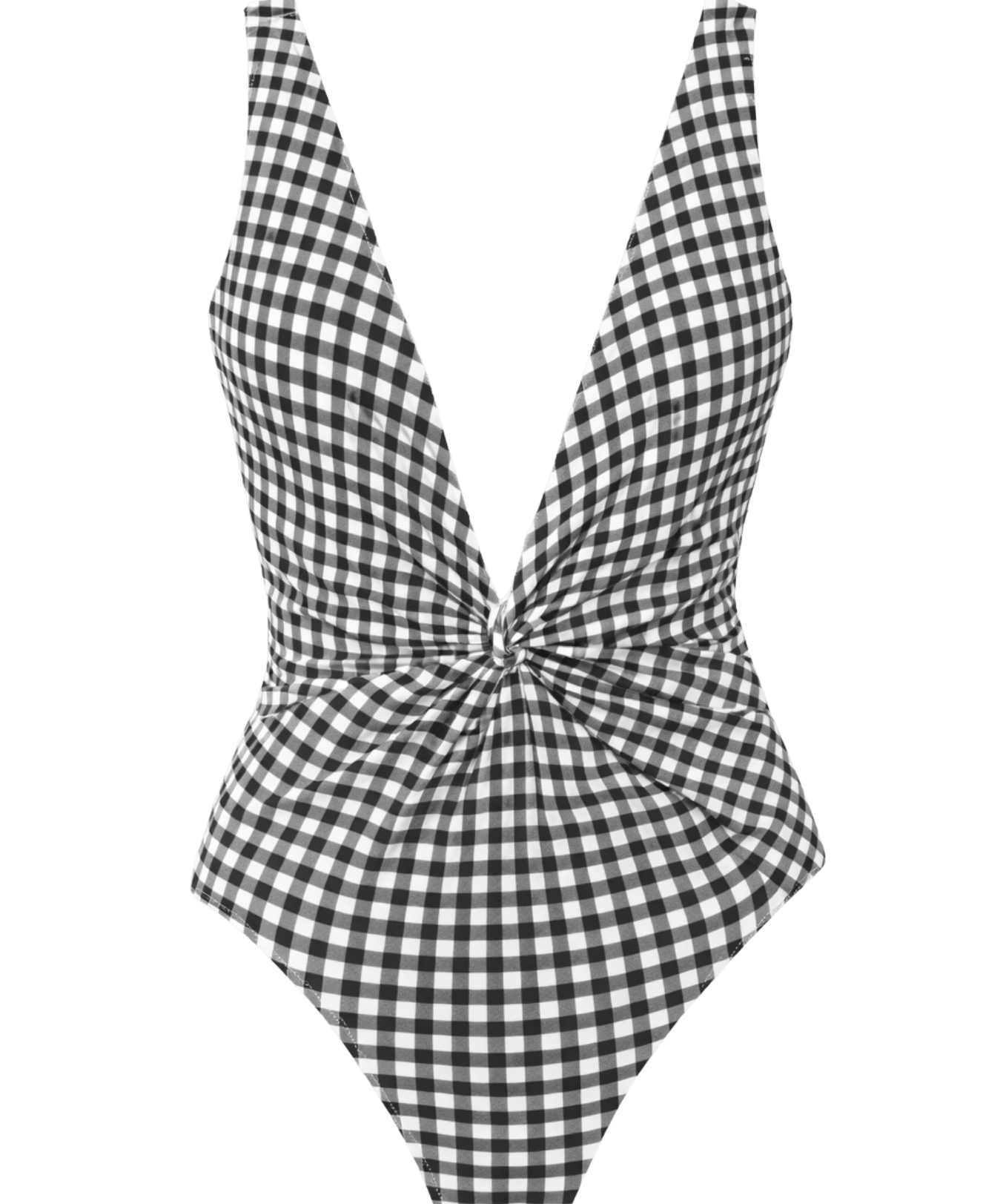 Black and white gingham one-piece swimsuit with deep plunge neckline and twist-front detail.