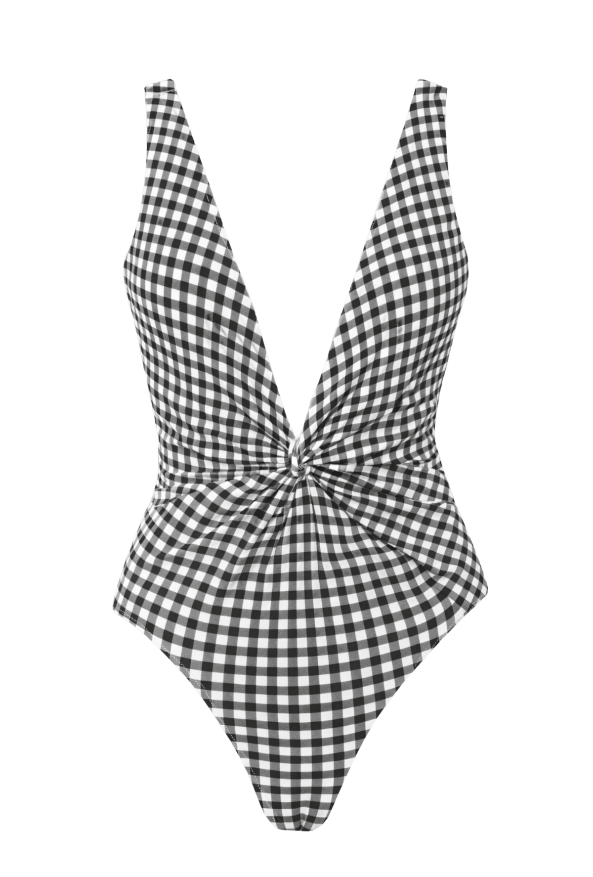 Black and white gingham one-piece swimsuit with deep plunge neckline and twist-front detail.