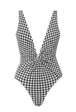 Black and white gingham one-piece swimsuit with deep plunge neckline and twist-front detail.